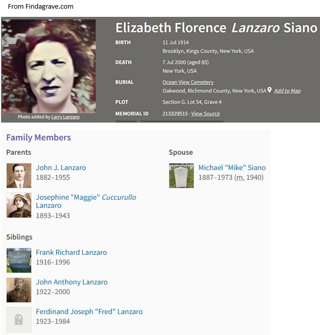 Elizabeth Lanzaro Siano Cemetery Record