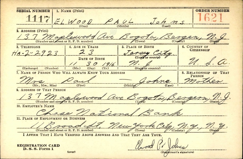 Elwood Johns World War II Draft Registration