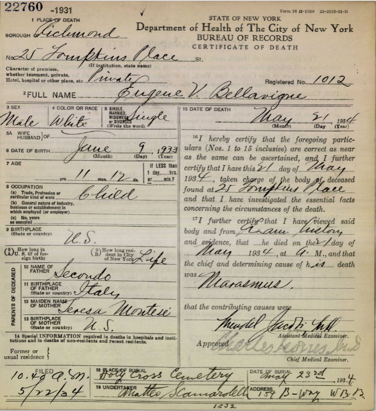 Eugene Bellavigna Death Certificate
