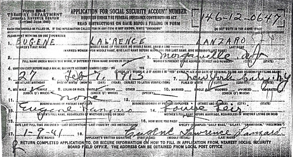 Eugene Lanzaro Application for U.S. Social Security Card