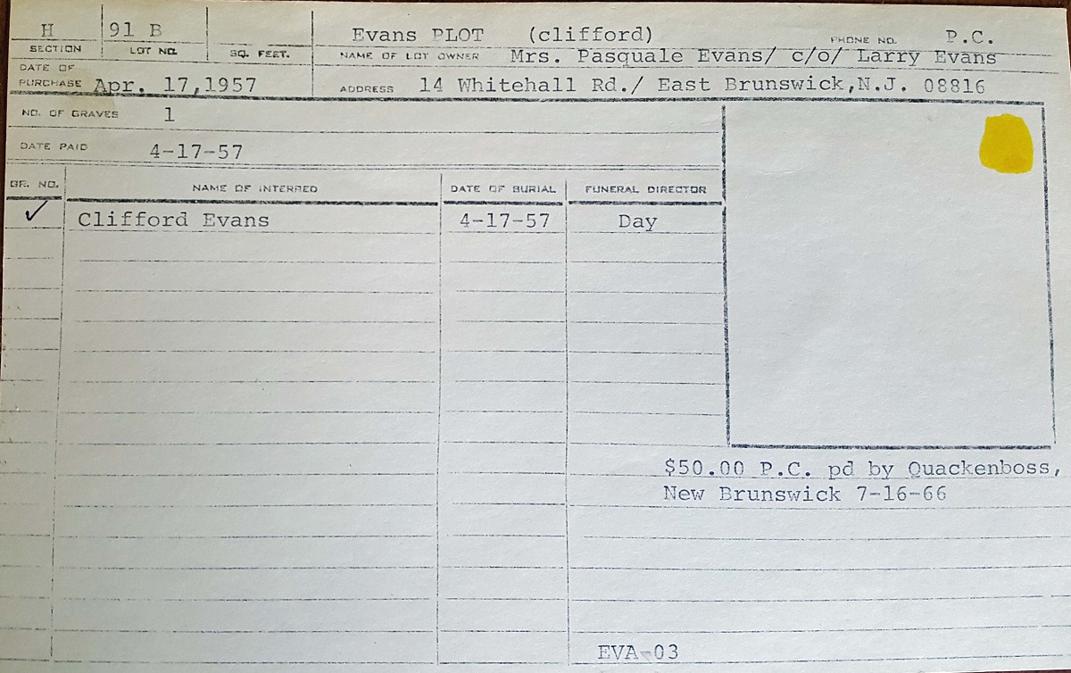 Clifford Evans Grave Index card from cemetery office at St. Joseph's Cemetery