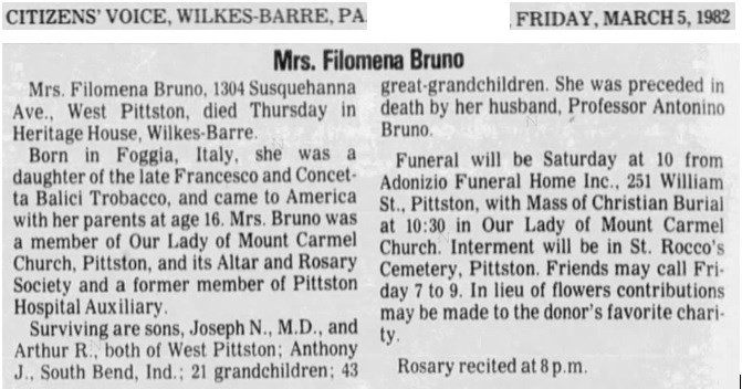 Filomena Trobacco Bruno Obituary