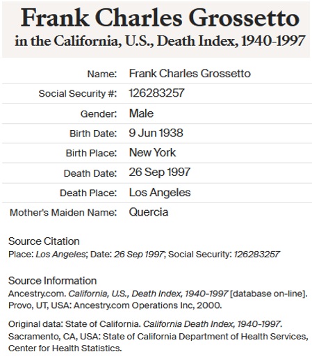 Frank Charles Grosseto Death Index