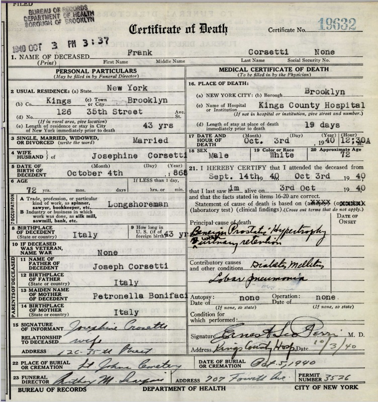 Frank Grosetto Death Certificate