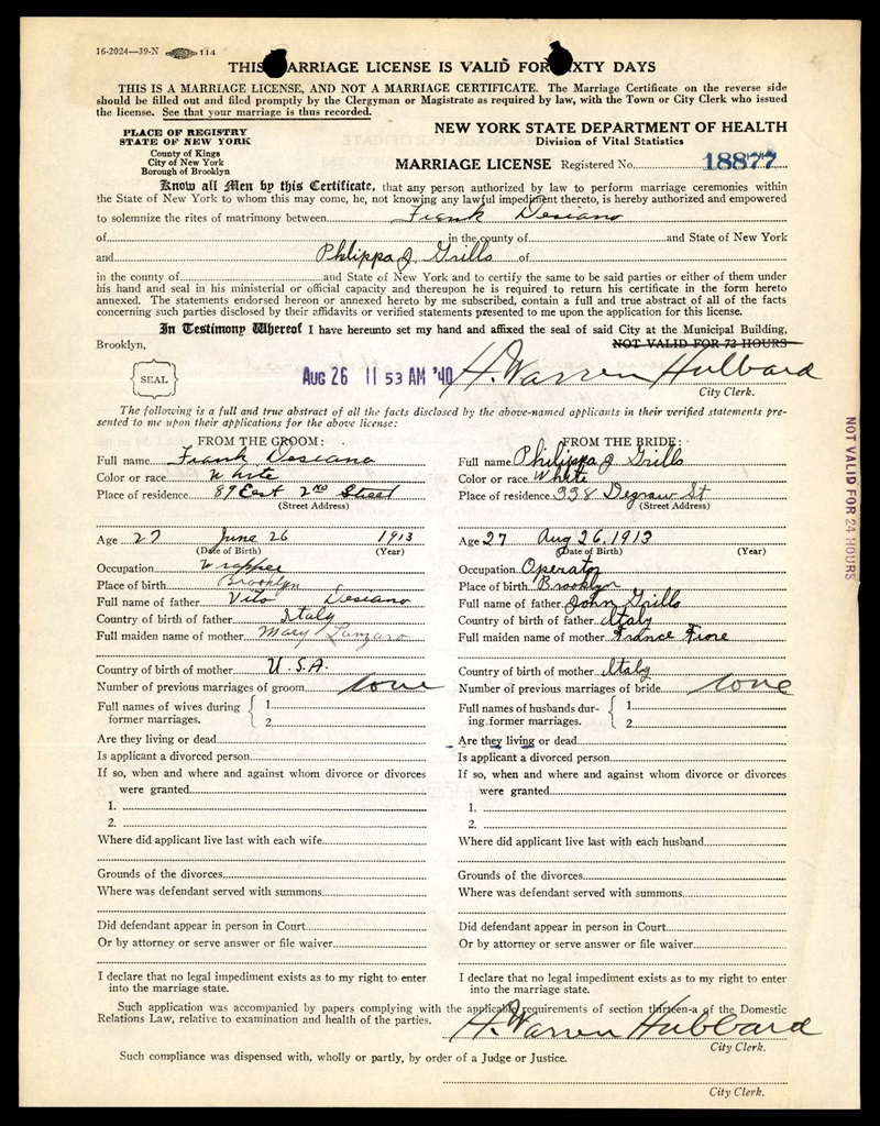 Frank Desiano and Philippa Grillo Marriage Certificate