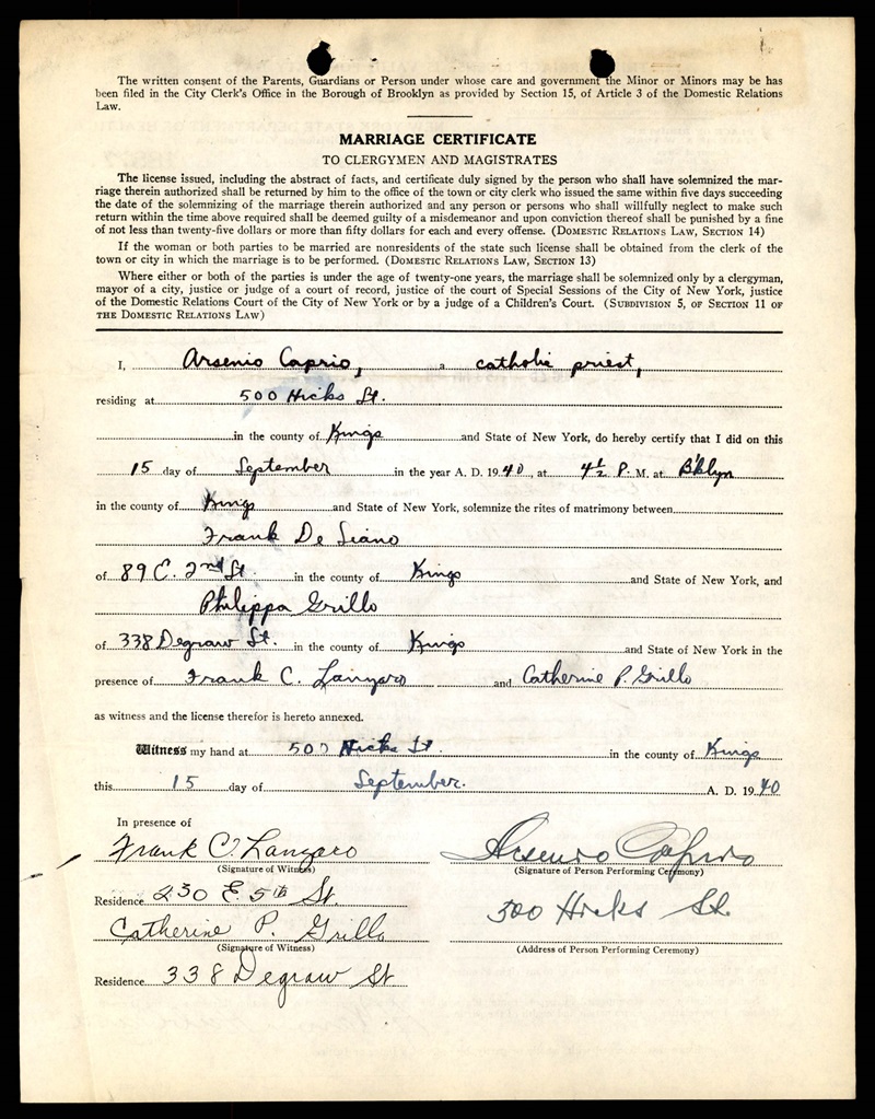 Frank Desiano and Philippa Grillo Marriage Certificate