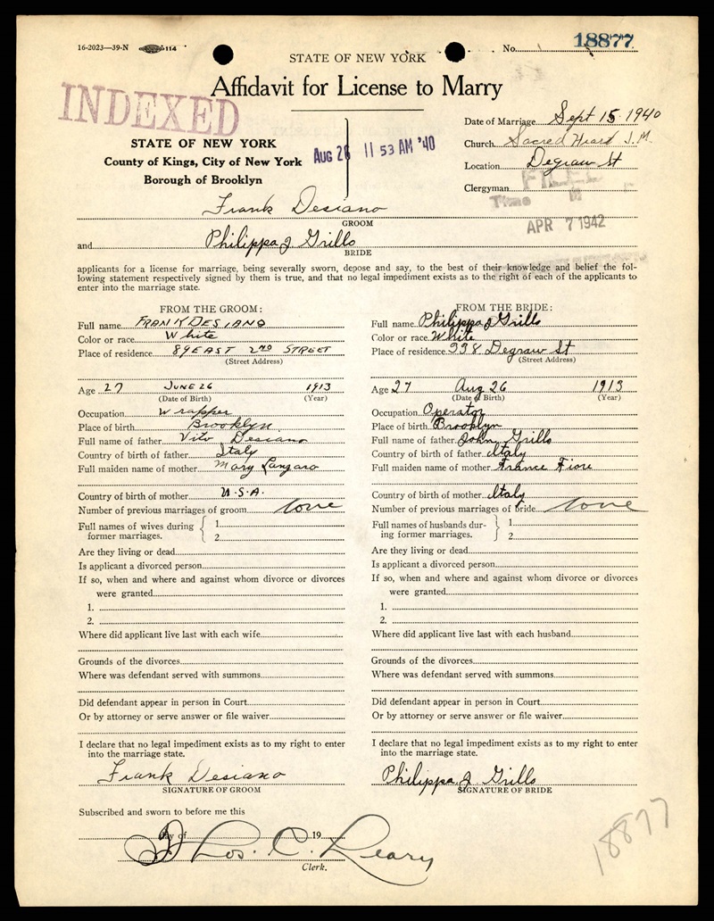 Frank Desiano and Philippa Grillo Marriage Certificate