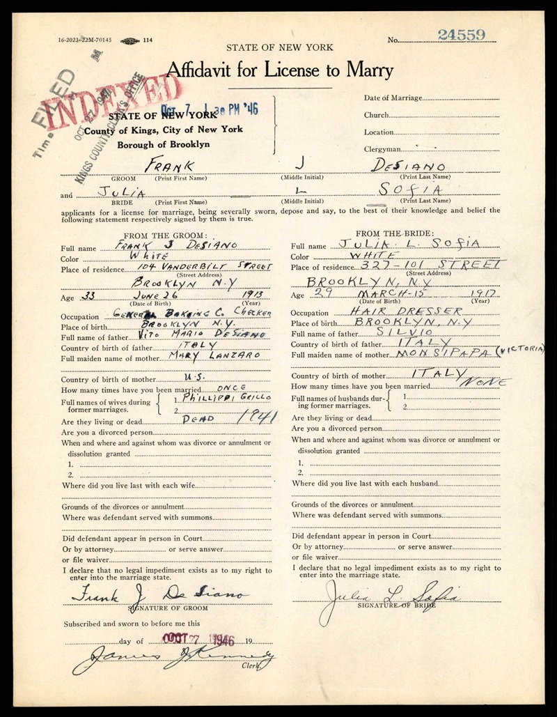 Frank Desiano and Julia Sofia Marriage Certificate