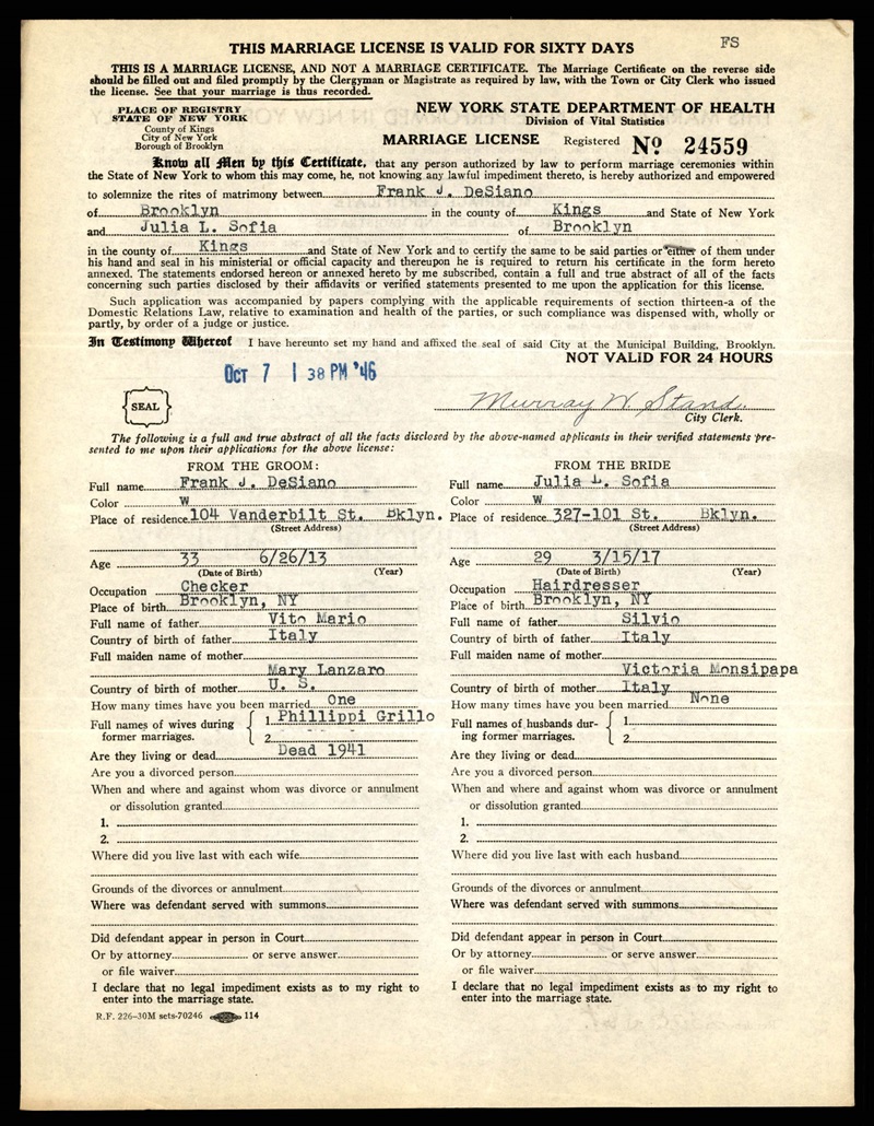 Frank Desiano and Julia Sofia Marriage Certificate