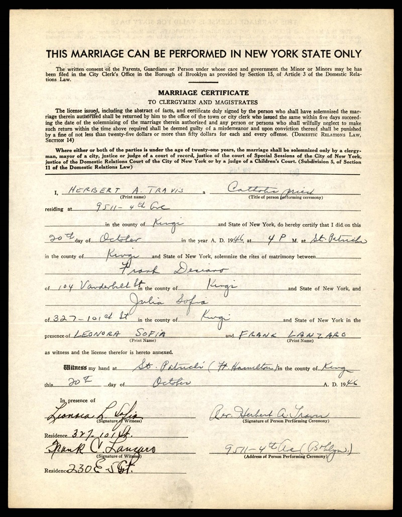 Frank Desiano and Julia Sofia Marriage Certificate