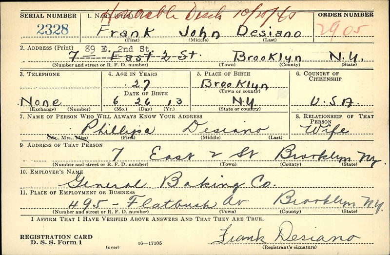 Frank Desiano World War II Draft Registration