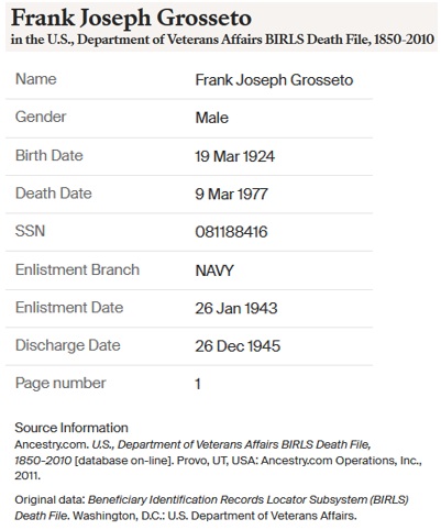 Frank Grosseto Military Service Record