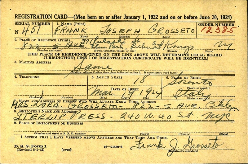 Frank Grosseto WW2 Draft Registration