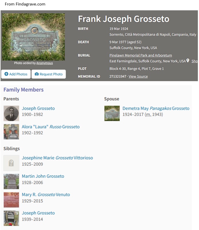 Frank Joseph Grossetto Cemetery Record