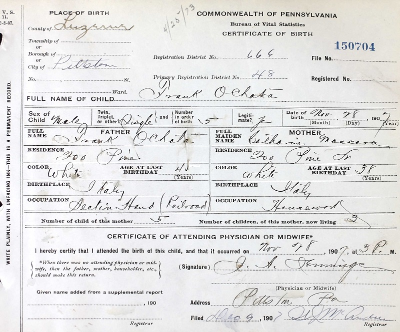 Frank Occiato Birth Certificate