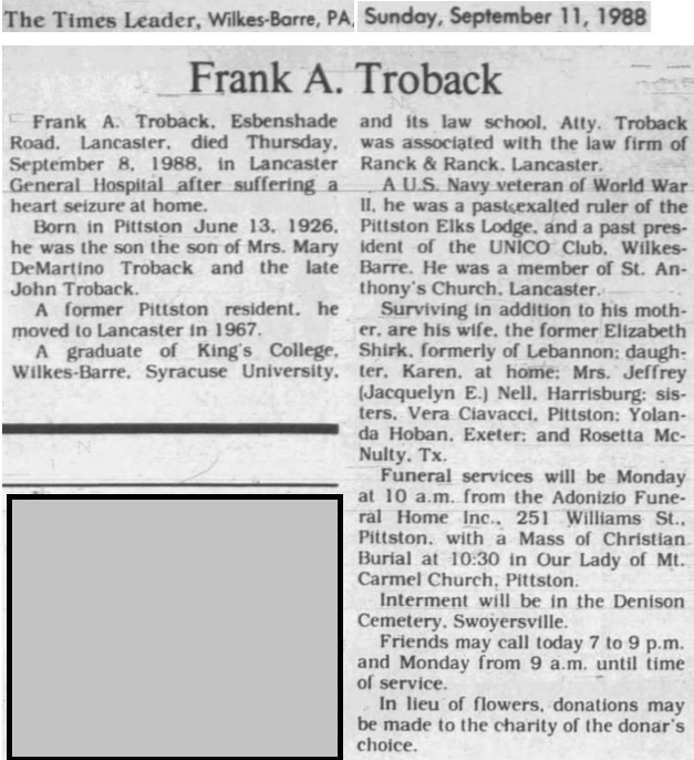 Frank Troback Obituary