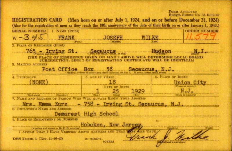 Frank Joseph Wilke World War II Draft Registration