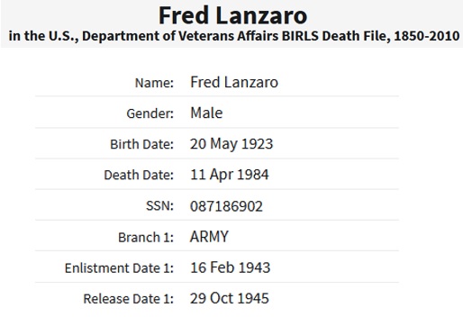 Fred J. Lanzaro Military Records