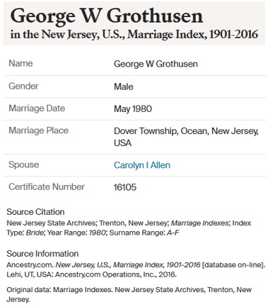 George Grothusen and Carolyn Allen (Fairchild) Marriage Record