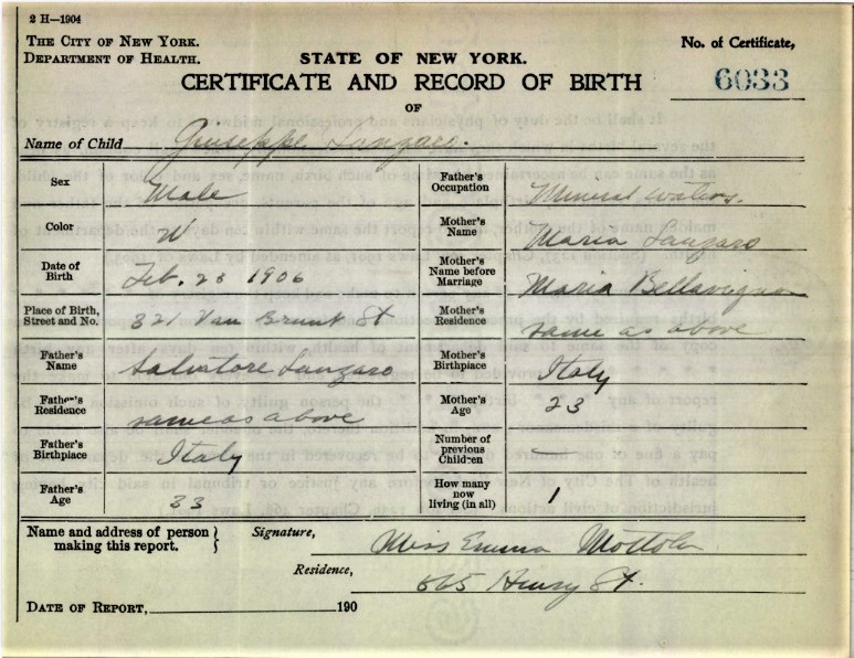 Joseph S. Lanzaro Birth Certificate