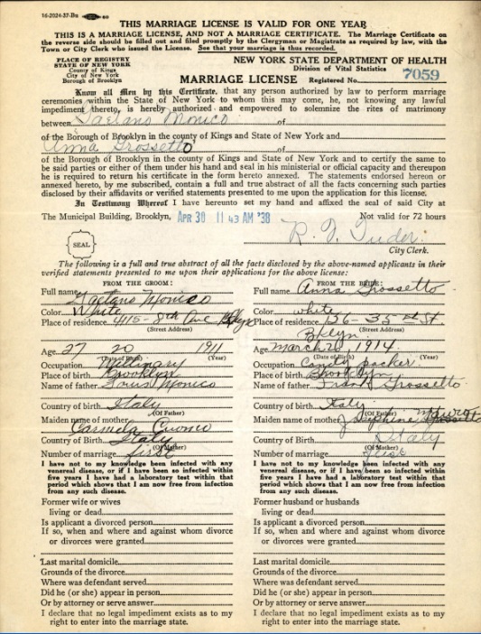 Anna Grosseto and Gaetano Monico Marriage Certificate