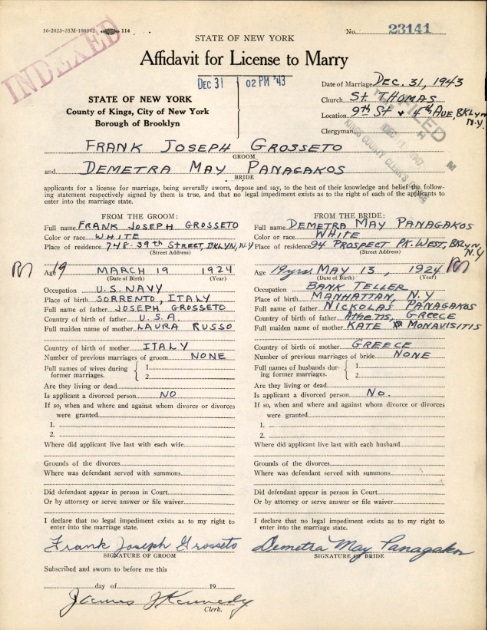 Frank Grosseto and Demetra Panagakos Marriage Record