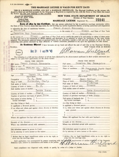 Frank Grosseto and Demetra Panagakos Marriage Record