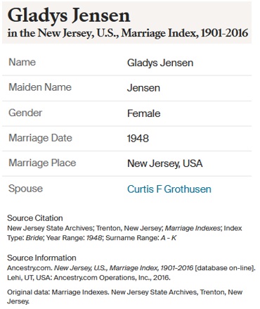 Curtis Grothusen and Gladys Jensen Marriage Record