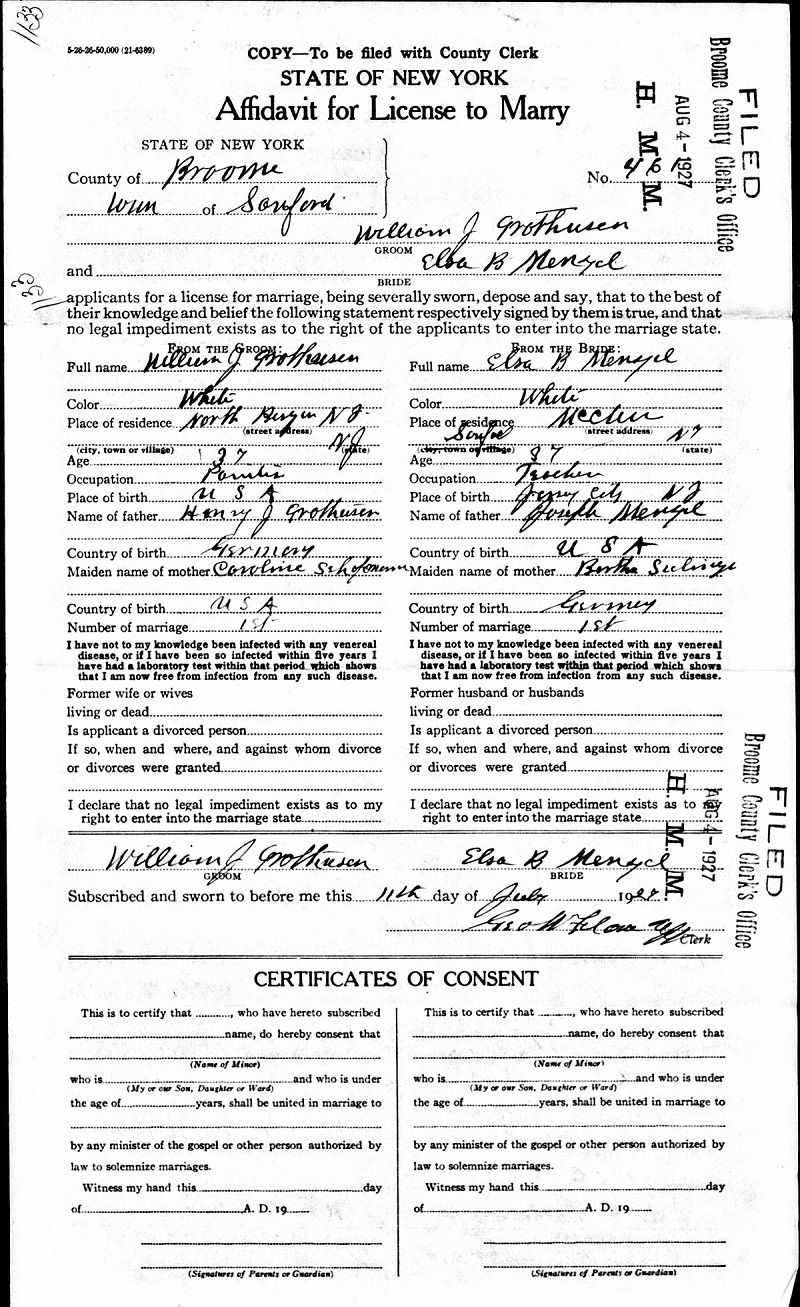 William Grothusen and Elsa Menzel Marriage License Application