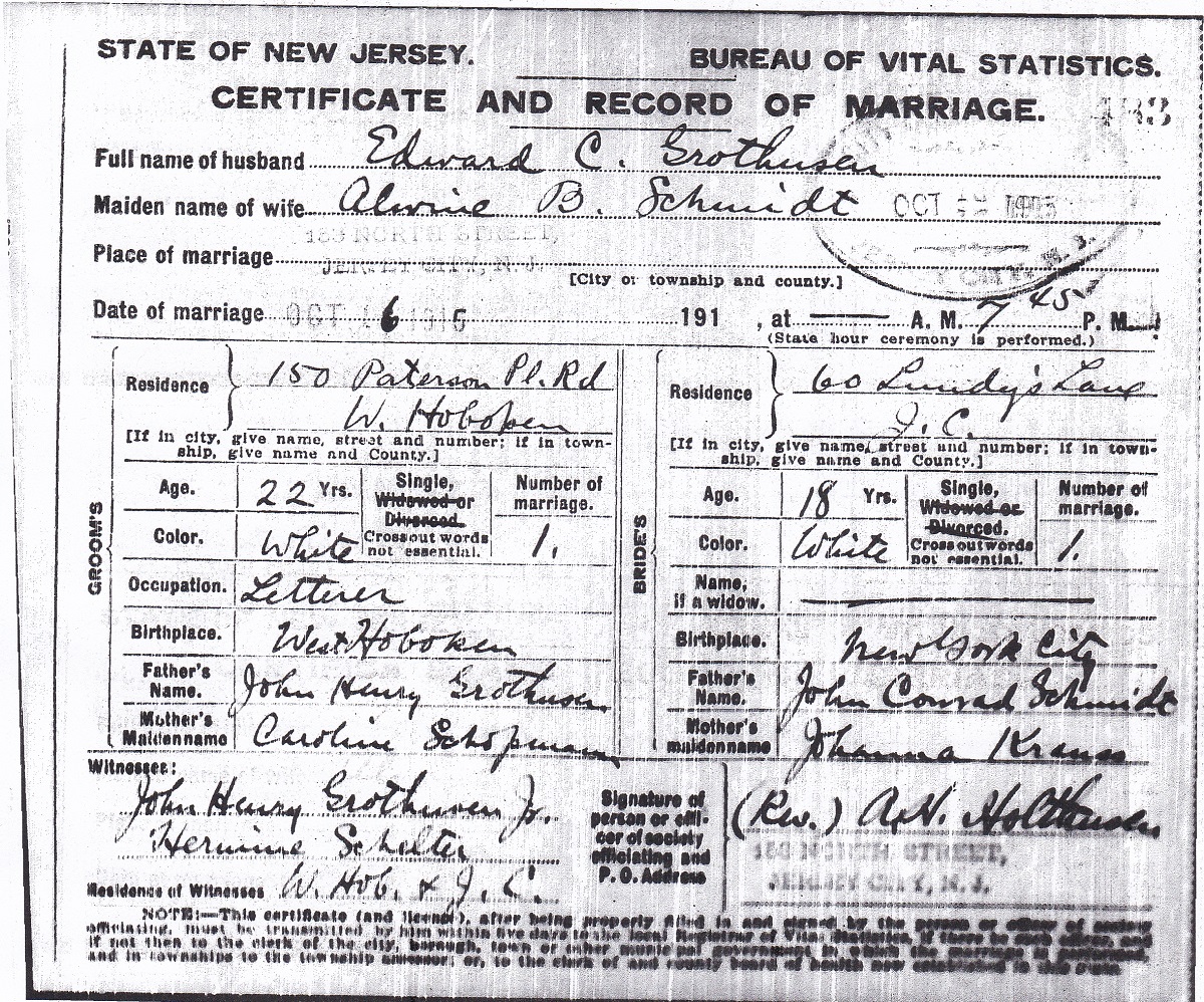 Edward Grothusen and Albina Schmidt Marriage Certificate