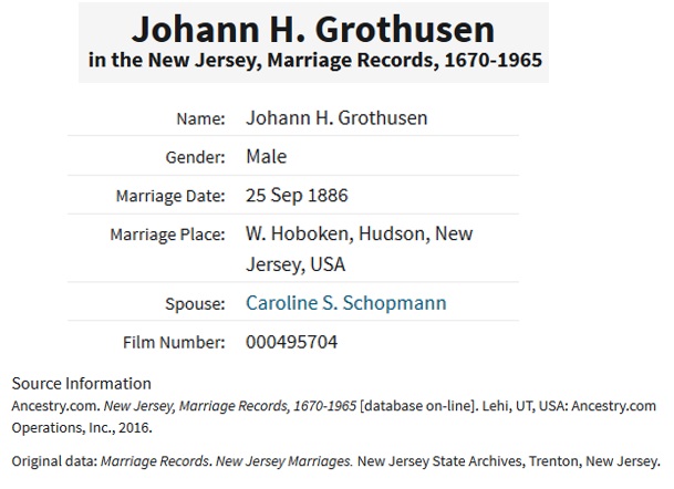 Johann Grothusen and Caroline Schopman Marriage Record