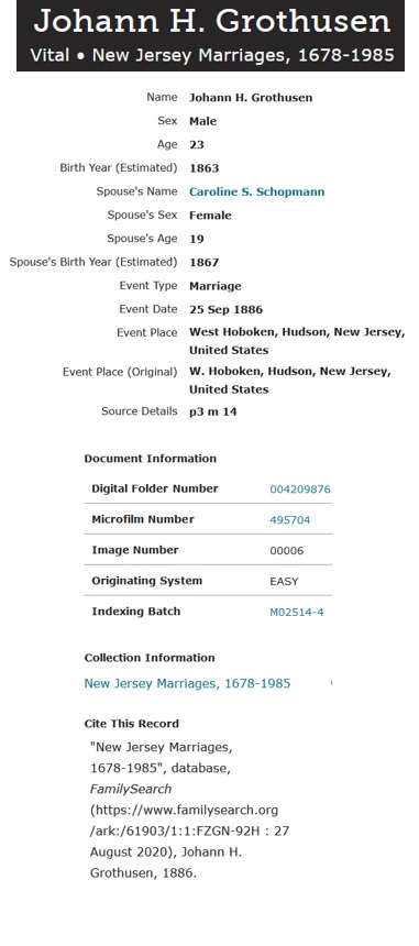 Johann Grothusen and Caroline Schopman Marriage Record