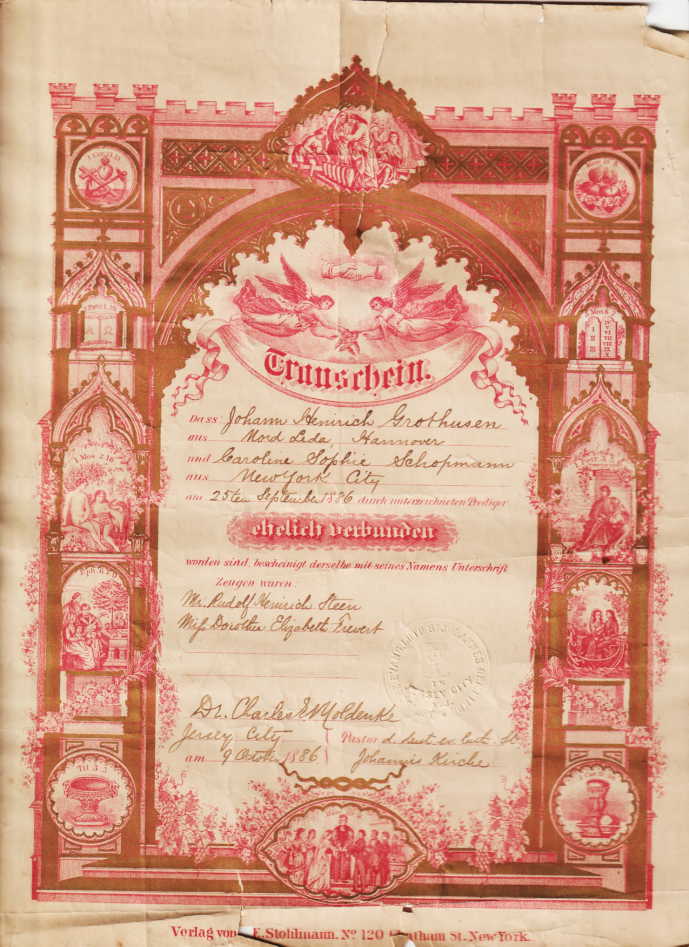 Johann Grothusen and Caroline Schopman Marriage Record