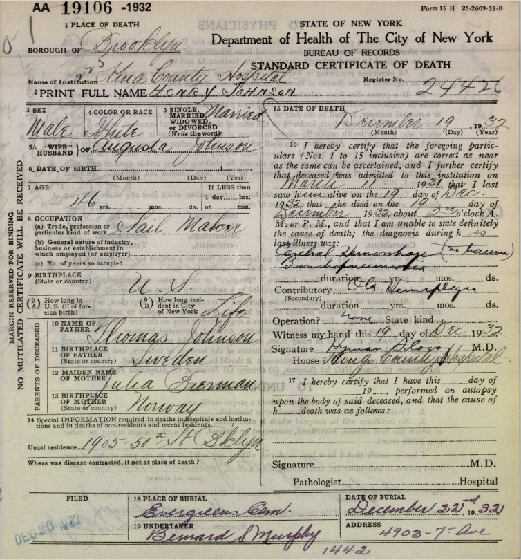 Henry Johnson Death Certificate