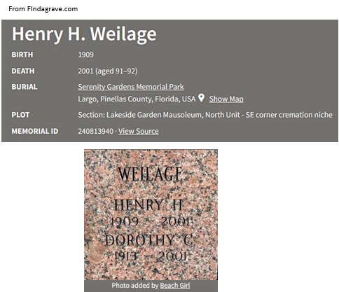 Henrya H. Weilage Cemetery Record