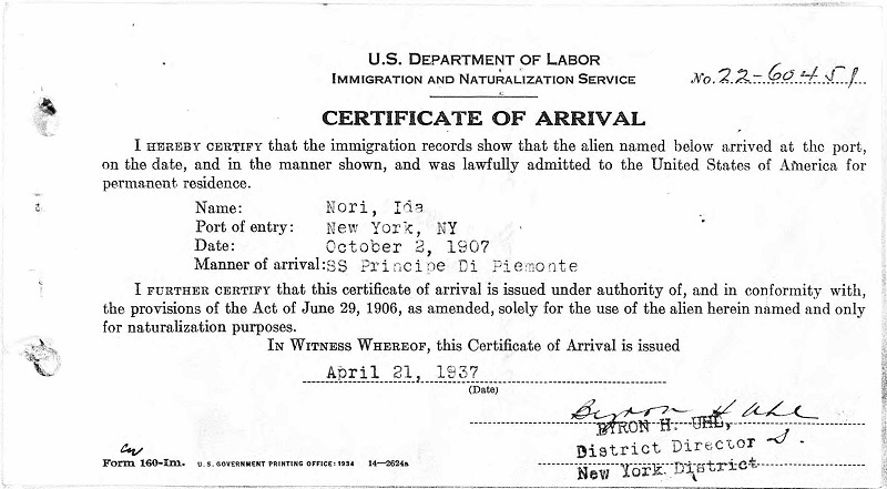 Ida Nori Severini Naturalization Record