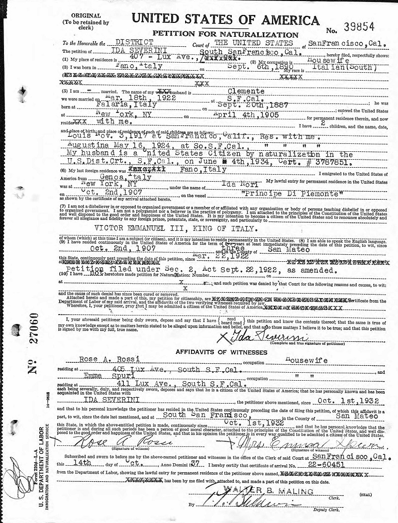 Ida Nori Severini Naturalization Record