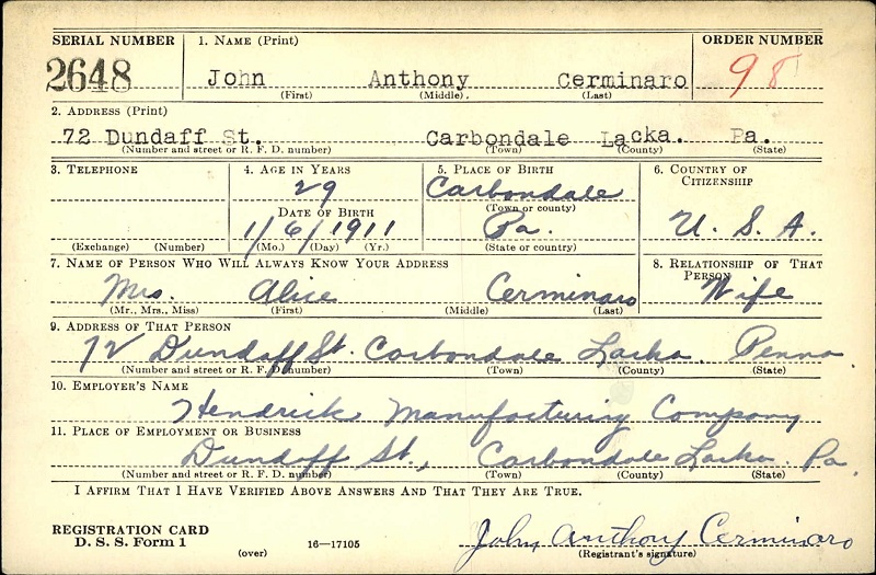 Jack Cerminaro WW2 Draft Registration