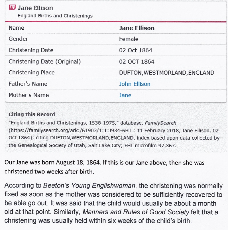 Jane (Jennie) Ellison Christening Record