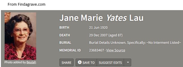 Jane Marie Yates Lau Cemetery Record