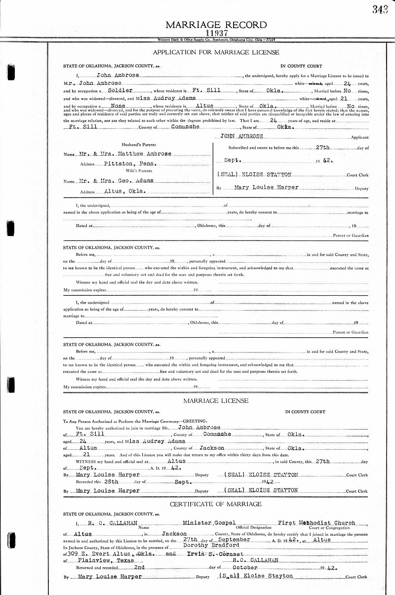 John Ambrose and Audrey Louise Adams Marriage Record