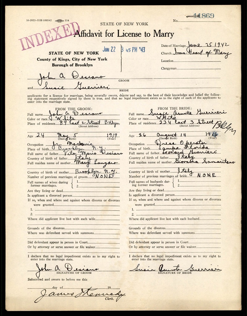 John Desiano and Assuntine (Sue) Guerrieri Marriage Certificate