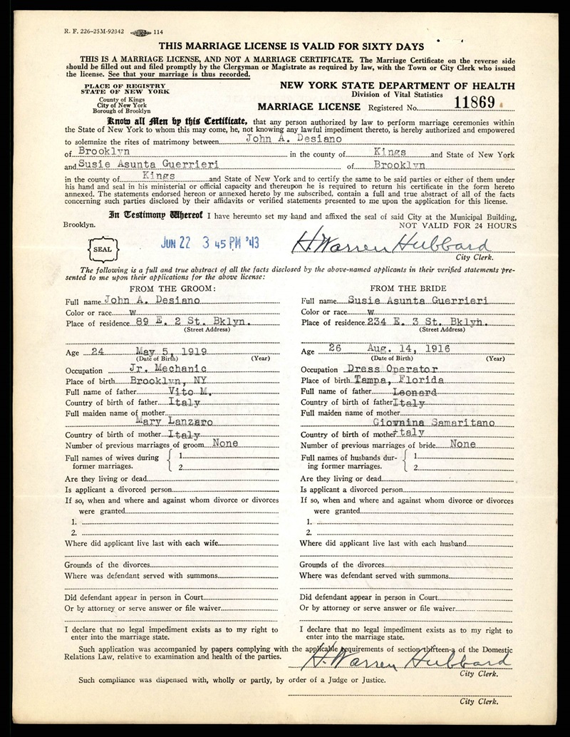 John Desiano and Assuntine (Sue) Guerrieri Marriage Certificate