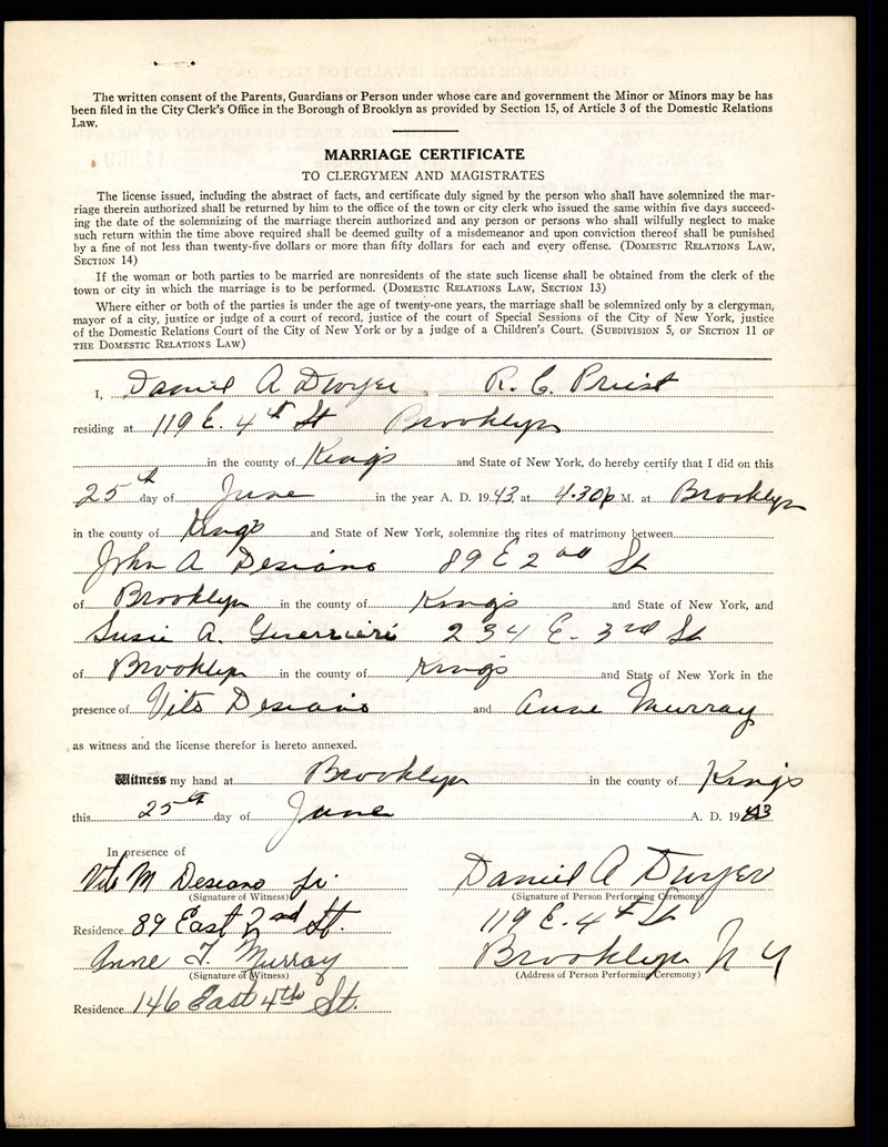 John Desiano and Assuntine (Sue) Guerrieri Marriage Certificate