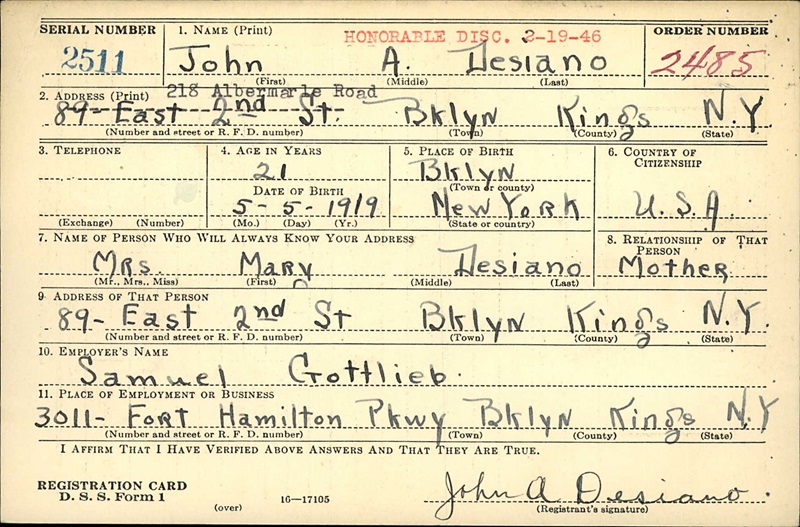 John Desiano World War II Draft Registration