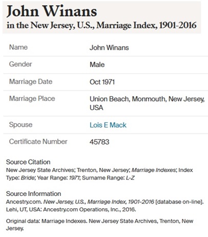 Jonathan Dayton Winans and Lois Menny Mack Marriage Record