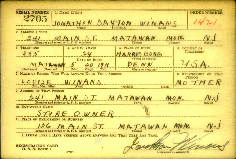 Jonathan Dayton Winans WW2 Draft Registration