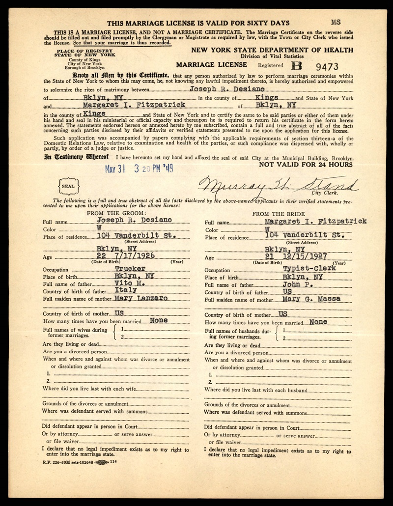 Joseph Desiano and Margaret Fitzpatrick Marriage Certificate