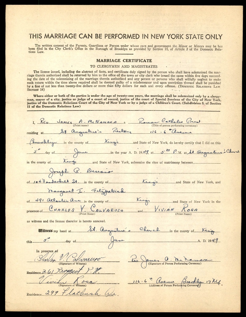 Joseph Desiano and Margaret Fitzpatrick Marriage Certificate