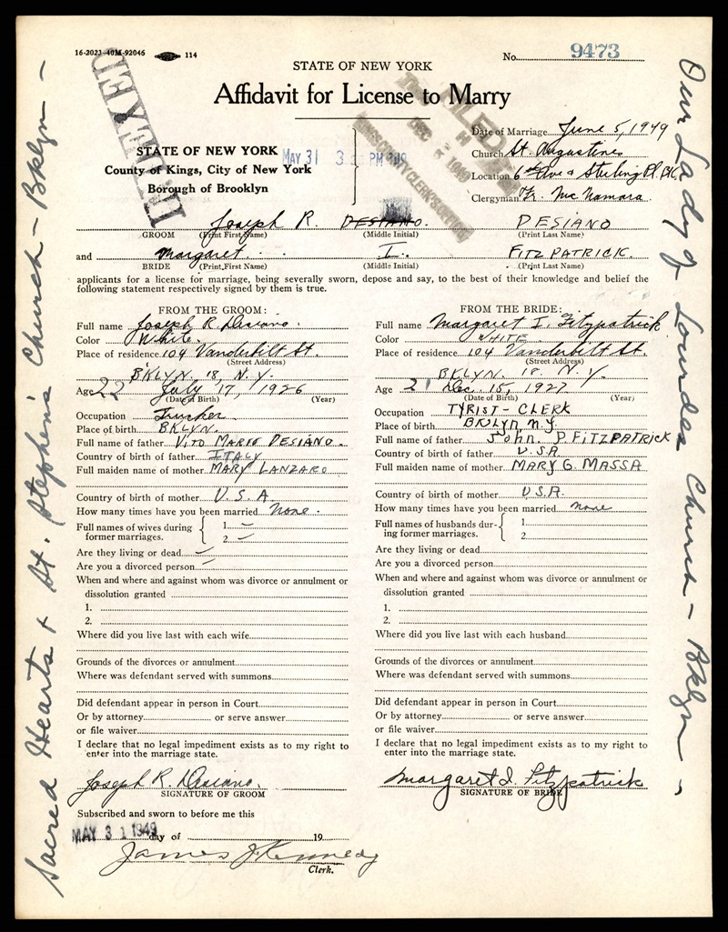 Joseph Desiano and Margaret Fitzpatrick Marriage Certificate